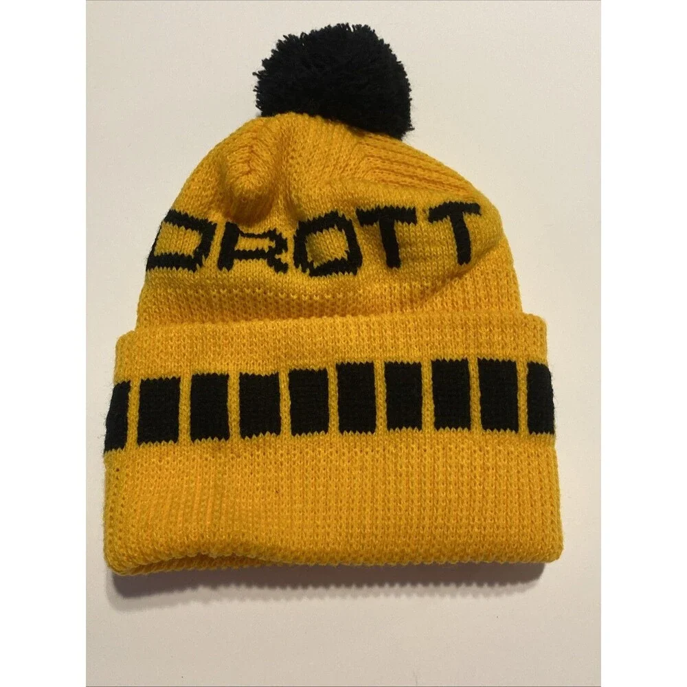 Vintage DROTT Heavy Equipment Winter Hat Cap Beanie Hipster Yellow Black PomPom